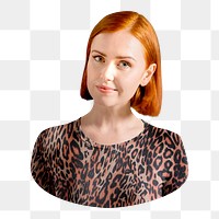 Png woman in leopard shirt sticker, transparent background