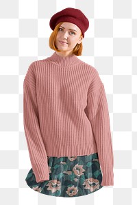 Png woman in pink sweater sticker, autumn fashion, transparent background