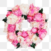 Png pink peony wreath sticker, transparent background