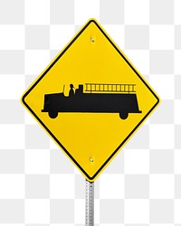 Png fire truck ahead road sign sticker, transparent background