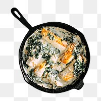 Png creamed spinach salmon sticker, transparent background