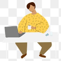 Png man working from home sticker, cute character design, transparent background