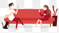 Social distancing png sticker, couple sitting on sofa, transparent background