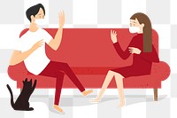 Social distancing png sticker, couple sitting on sofa, transparent background