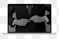 Businessman buttoning suit png, laptop screen, transparent background