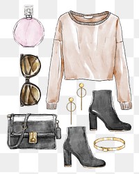 PNG fashion outfit moodboard, transparent background