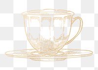 Gold tea cup png sticker, drawing design, transparent background