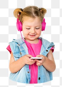 Png little girl streaming music sticker, transparent background