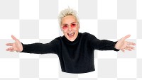 Short-haired woman png sticker, open arms, transparent background