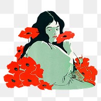 Woman png red flowers, transparent background.  Remastered by rawpixel
