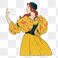 Vintage woman png in yellow dress, transparent background.  Remastered by rawpixel