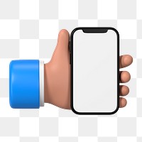 Hand holding smartphone png sticker, blank screen in 3D design, transparent background