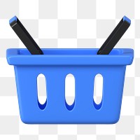 Blue shopping png basket, supermarket, 3D object illustration on transparent background