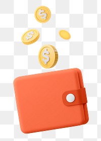 3D wallet png, falling coins, savings concept on transparent background