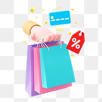 Hand png holding shopping bags, credit card, 3D illustration on transparent background