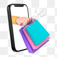 Online shopping png smartphone, 3D hand holding bags illustration on transparent background