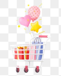 Birthday gift png shopping, 3D trolley illustration on transparent background