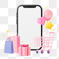 Birthday gift png shopping, 3D smartphone illustration on transparent background