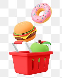 Food shopping png basket, 3D object illustration on transparent background