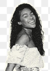 Png African American woman sticker, bw half tone design, transparent background