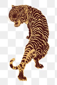 Roaring tiger png sticker, gold vintage animal illustration, transparent background