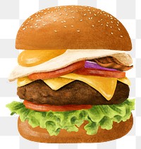 Egg-topped cheeseburger png sticker, fast food illustration, transparent background