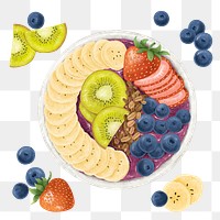 Blueberry acai bowl png sticker, healthy food illustration, transparent background