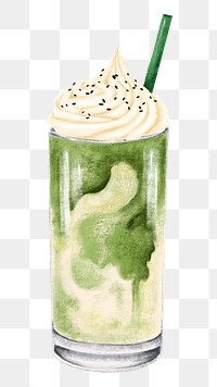 Green tea frappe png sticker, whip cream topping illustration, transparent background