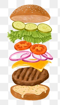 Hamburger anatomy png sticker, fast food illustration, transparent background