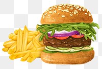 Hamburger and fries png sticker, fast food set, transparent background