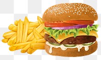 Cheeseburger and fries png sticker, fast food set, transparent background