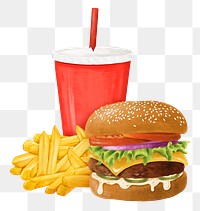 Cheeseburger and fries png, fast food, drinks illustration, transparent background