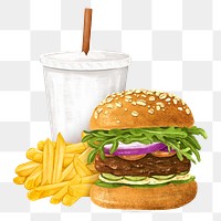 Hamburger and fries png, fast food, drinks illustration, transparent background