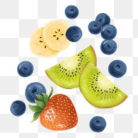 Smoothie ingredients png sticker, banana, blueberry, kiwi fruits, transparent background