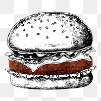 Vintage hamburger png sticker, fast food drawing, transparent background