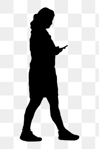 Woman walking png sticker, using phone silhouette, transparent background