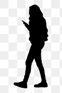 Woman walking png sticker, using phone silhouette, transparent background