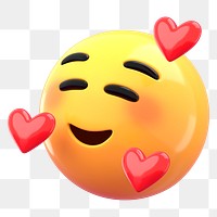 3D emoticon png smiling face with three hearts sticker, transparent background