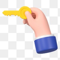 3D real estate png sticker, hand holding key, transparent background