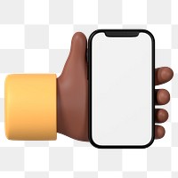 Hand holding smartphone png, blank screen in 3D design, transparent background