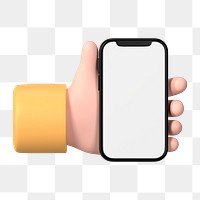 Hand holding smartphone png, blank screen in 3D design, transparent background