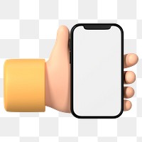 Hand holding smartphone png, blank screen in 3D design, transparent background