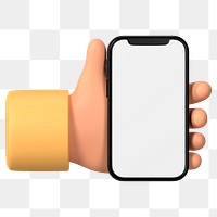 Hand holding smartphone png, blank screen in 3D design, transparent background