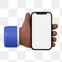 Hand holding smartphone png, blank screen in 3D design, transparent background