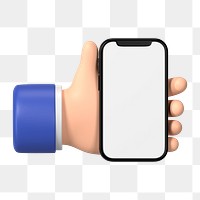 Hand holding smartphone png, blank screen in 3D design, transparent background