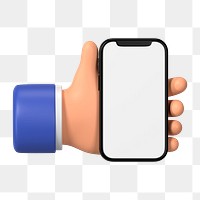 Hand holding smartphone png, blank screen in 3D design, transparent background