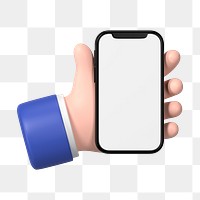 Hand holding smartphone png, blank screen in 3D design, transparent background