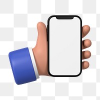 Hand holding smartphone png, blank screen in 3D design, transparent background