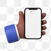 Hand holding smartphone png, blank screen in 3D design, transparent background