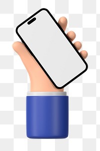 Hand holding smartphone png, blank screen in 3D design, transparent background